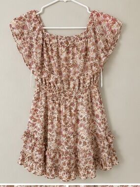 Jessica Simpson Cream Floral Mini Dress with Pink and Brown Print